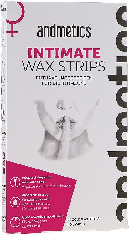 Paski z woskiem do depilacji miejsc intymnych - Andmetics Intimate Wax Strips (strips/28pcs + wipes/4pcs) — Zdjęcie N1