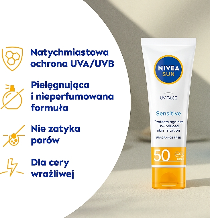 Krem ochronny do twarzy dla skóry wrażliwej SPF 50 - NIVEA SUN Sensitive — Zdjęcie N3