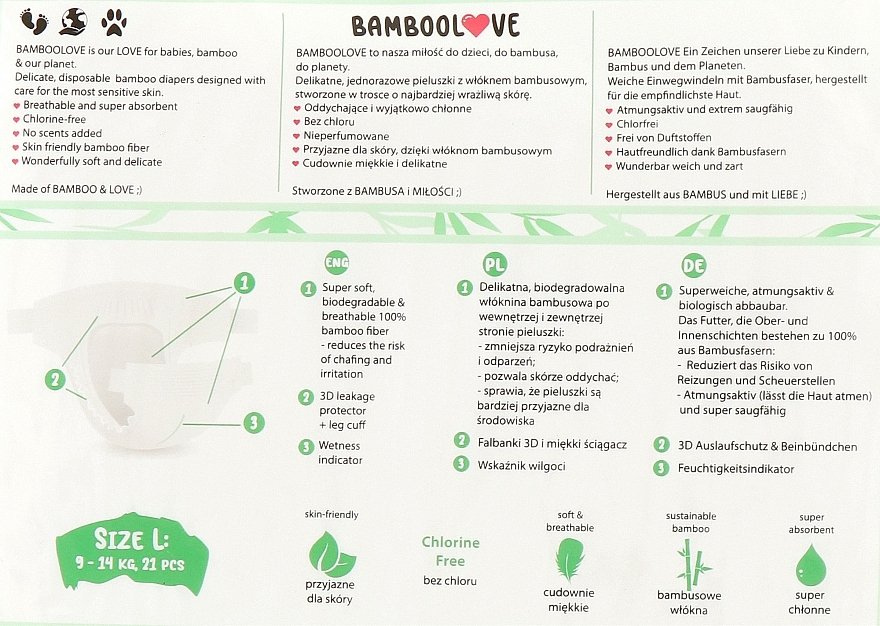 Pieluchy bambusowe, L (9-14 kg), 21 szt. - Bamboolove — Zdjęcie N2