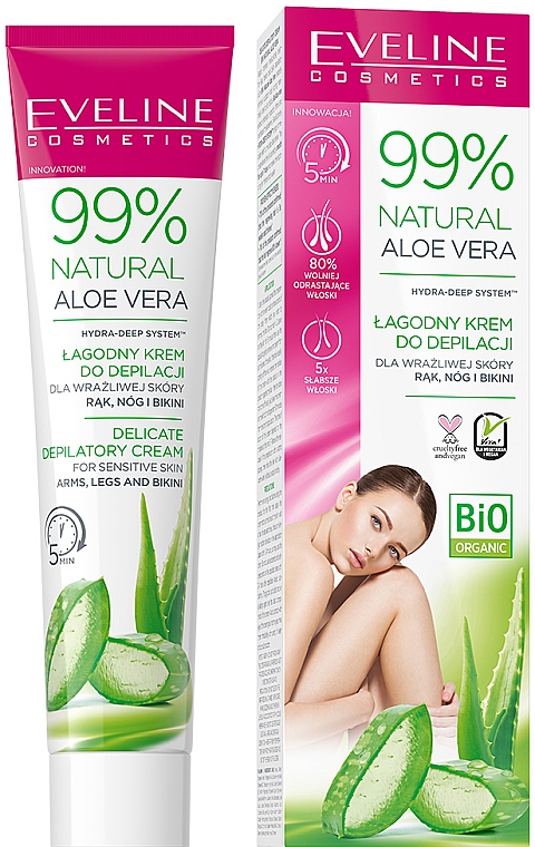 Łagodny krem do depilacji rąk, nóg i bikini - Eveline Cosmetics 99% Natural Aloe Vera — Zdjęcie N1