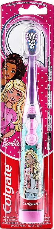 Bardzo miękka elektryczna szczoteczka do zębów dla dzieci, Barbie, fioletowo-turkusowa w kropki - Colgate Electric Motion Barbie — Zdjęcie N1