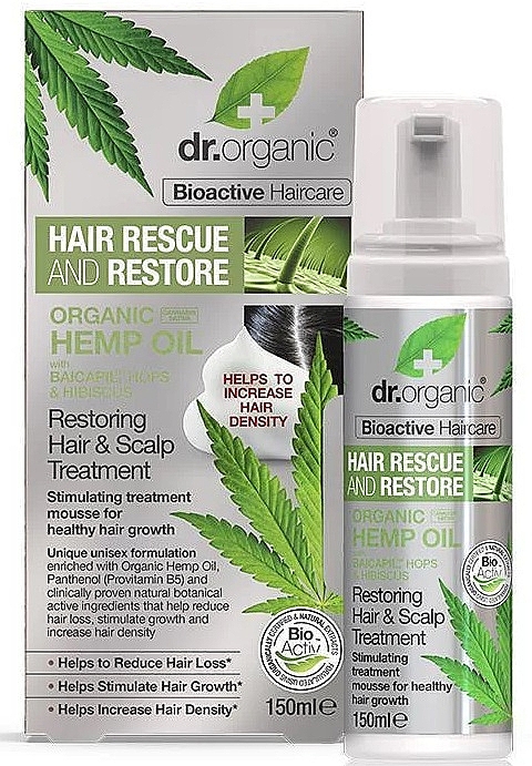 Olej konopny do pielęgnacji włosów i skóry głowy - Dr Organic Bioactive Haircare Hemp Oil Restoring Hair & Scalp Treatment Mousse — Zdjęcie N1