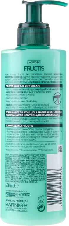 Krem bez spłukiwania do włosów odwodnionych - Garnier Fructis Aloe Air-Dry Cream — Zdjęcie N2