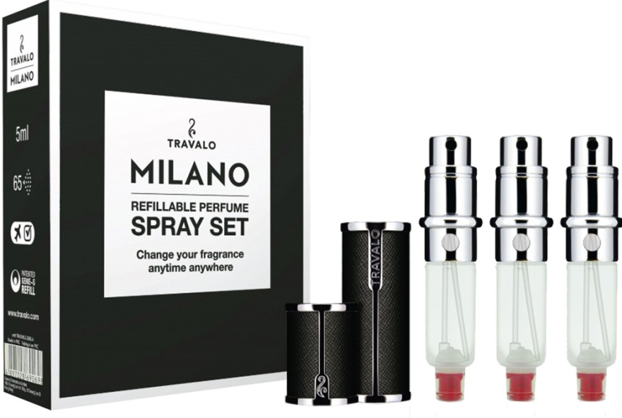 Zestaw napełnialnych flakonów na perfumy - Travalo Milano Black Set (atomiser/3x5ml + case) — Zdjęcie N1