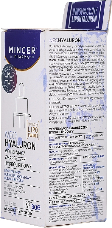 PRZECENA! Hydrolipidowy wypełniacz zmarszczek do cery dojrzałej i odwodnionej - Mincer Pharma Neo Hyaluron Serum 906 * — Zdjęcie N2