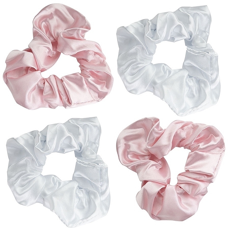 Satynowe gumki do włosów, różowo-białe, 4 sztuki - Brushworks Pink & White Satin Scrunchies — Zdjęcie N2