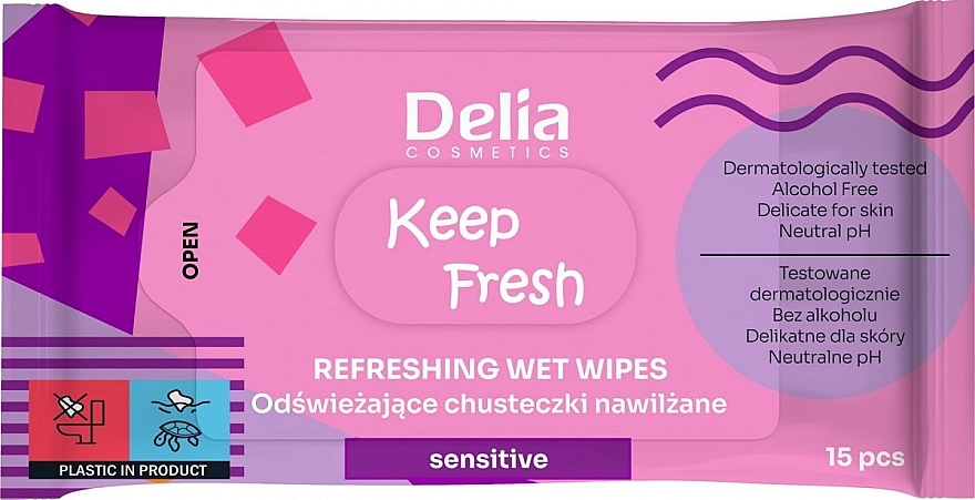 Chusteczki nawilżane do skóry wrażliwej, 15 szt. - Delia Keep Fresh Refreshing Wet Wipes Sensitive — Zdjęcie N1
