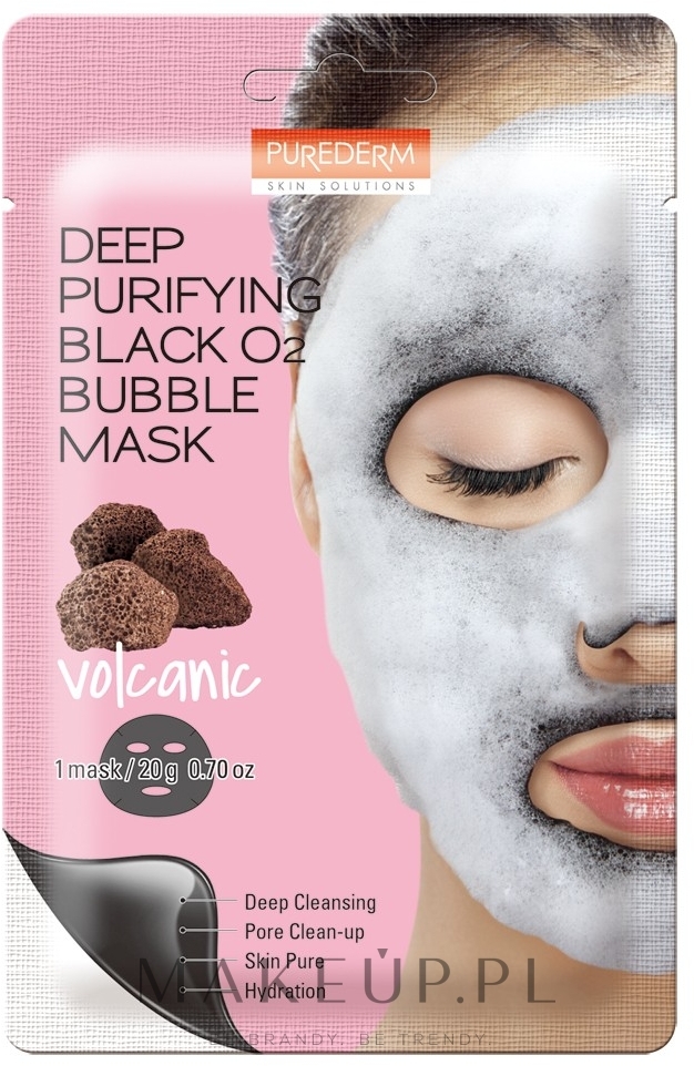 Głęboko oczyszczająca maska bąbelkowa do twarzy z pyłem wulkanicznym - Purederm Deep Purifying Black O2 Bubble Mask Volcanic — Zdjęcie 20 g
