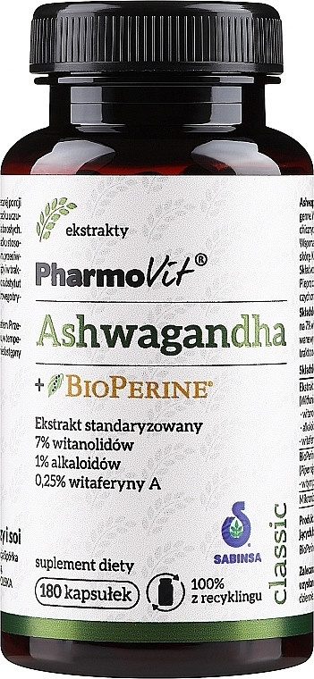 Suplement diety Aszwagandha + Bioperyna - Pharmovit Ashwagandha + BioPerine — Zdjęcie N1