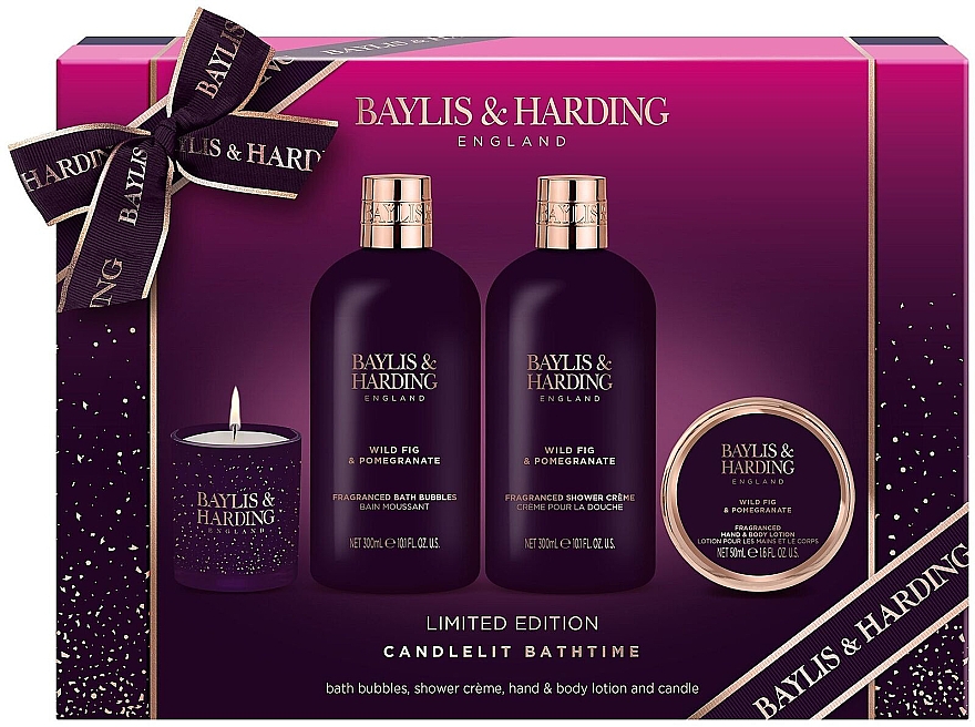 Zestaw - Baylis & Harding Wild Fig & Pomegranate Set (b/bubble/300ml + sh/cr/300ml + b/lot/50ml + candle/60g) — Zdjęcie N1