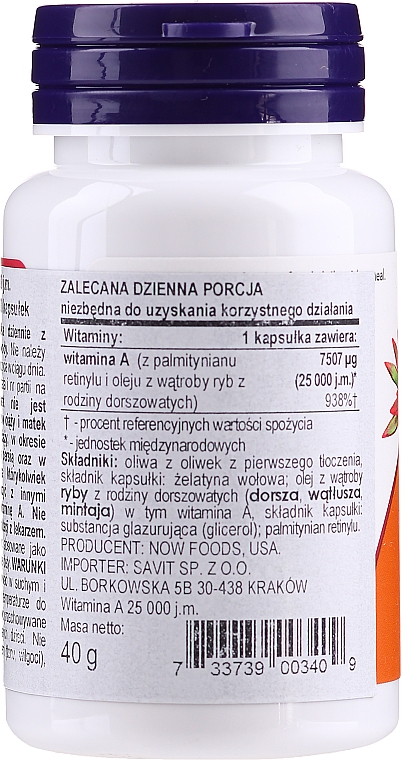 Suplement diety Witamina A - Now Foods Vitamin A 25000 IU Essential Nutrition — Zdjęcie N2
