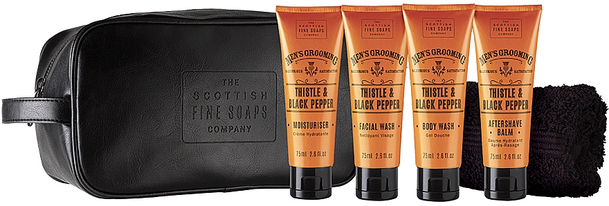 Zestaw - Scottish Fine Soaps Mens Grooming Thistle & Black Pepper Travel Bag (sh/gel 75 ml + f/wash 75 ml + a/sh/balm 75 ml + f/cr 75 ml + towel + bag) — Zdjęcie N2