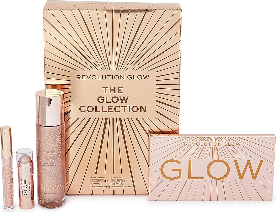 Zestaw - Makeup Revolution The Glow Collection (eye/palette/0.8 g + illuminator/100ml + lip/gloss/2.5ml + beam/stick/18g) — Zdjęcie N1