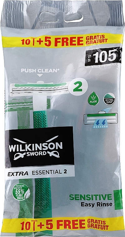 Jednorazowe maszynki do golenia, 15 szt. - Wilkinson Sword Extra Essential 2 Sensitive — Zdjęcie N1