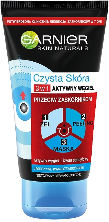 PRZECENA! Garnier Czysta Skóra 3 w 1 - Żel Oczyszczający + Peeling + Maska przeciw zaskórnikom, z aktywnym węglem * — Zdjęcie N2