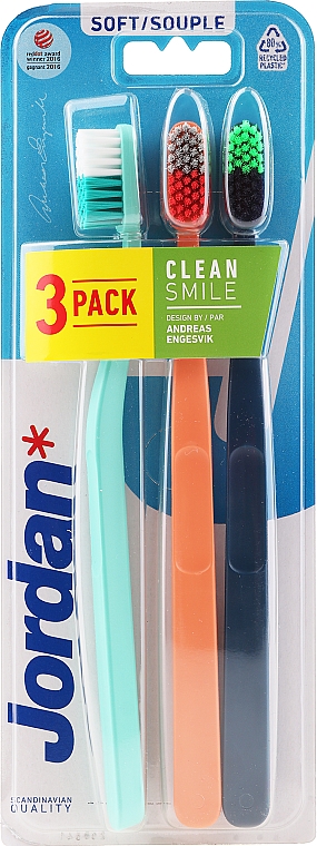 Szczoteczka do zębów, miękka, 3 szt., miętowa, pomarańczowa, granatowa - Jordan Clean Smile Soft — Zdjęcie N1