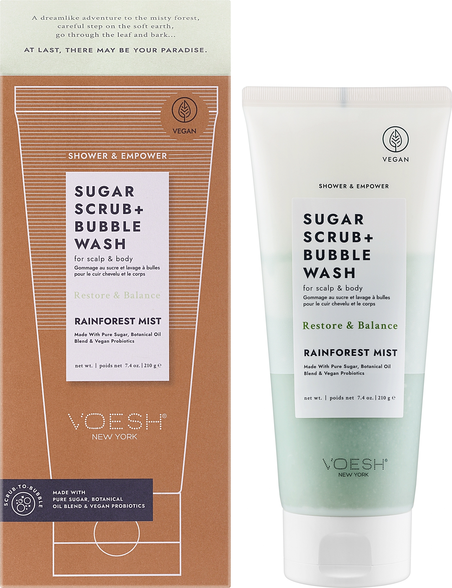 Peeling cukrowy do skóry głowy i ciała Las deszczowy - Voesh Sugar Scrub+Bubble Wash Rainforest Mist — Zdjęcie 210 g