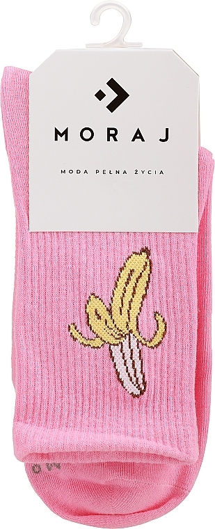 Długie skarpetki damskie z szerokimi mankietami i zabawnym wzorem, 1 para, różowe z bananem - Moraj — Zdjęcie N1