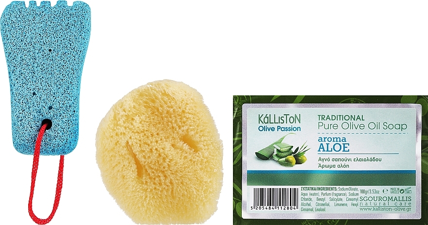 Zestaw: mydło aloesowe, gąbka, niebieski pumeks - Kalliston (soap/100g + stone/1pcs + sponge/1pcs) — Zdjęcie N1