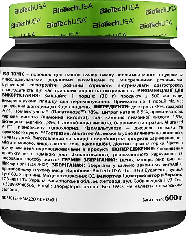 Pomarańczowy izotonik z mango - BiotechUSA IsoTonic Hydrate&Energise — Zdjęcie N2