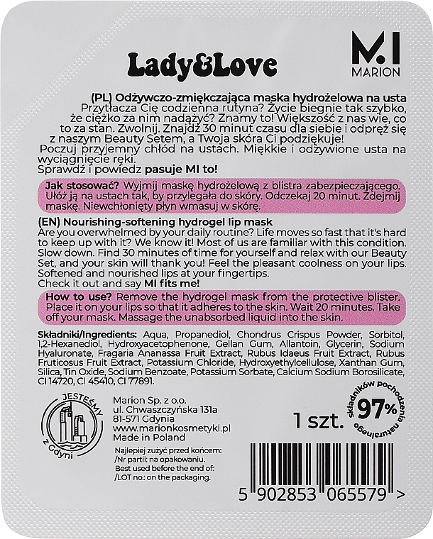 PREZENT! Odżywcza i zmiękczająca hydrożelowa maska do ust - Marion Lady & Love Nourishing-softening Hydrogel Lip Mask — Zdjęcie N2