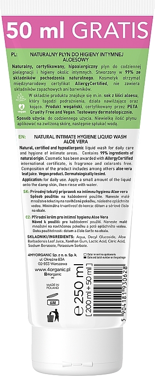 Naturalny hipoalergiczny płyn do higieny intymnej - 4Organic Natural Intimate Wash Aloe — Zdjęcie N2