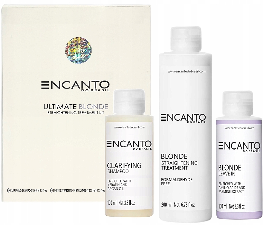 Zestaw - Encanto Ultimate Blonde Straightening Treatment Kit (shm/100ml + treatment/200ml + leave/in/100ml) — Zdjęcie N1