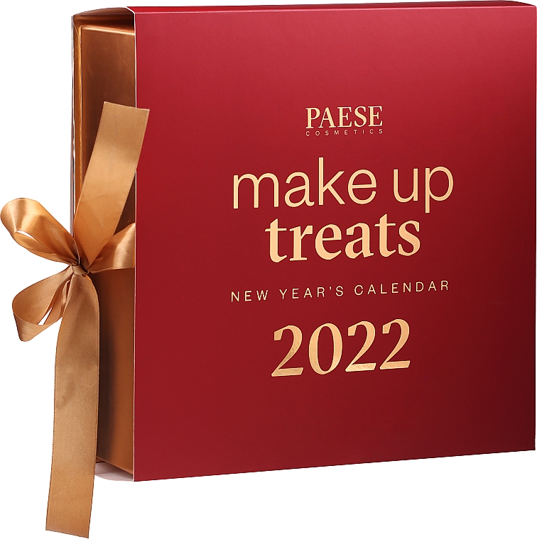 Kalendarz noworoczny - Paese Make-up Treats New Year's Calendar 2022 (f/base/30ml + eye/palette/12g + eye/powder/5.3g + lipgloss/3.4ml + highlighter/6.5g + lipstick/4.3g + mascara/10.5ml + candle/70g)
