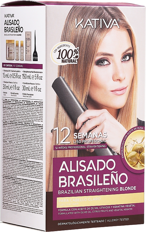 Zestaw do keratynowego prostowania włosów dla blondynki - Kativa Alisado Brasileno Straighten Blonde (shm 15 ml + mask 150 ml + shm 30 ml + cond 30 ml)