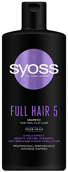 Szampon z trawą tygrysią nadający objętość do cienkich włosów - Syoss Full Hair 5 Shampoo For Thin, Flat Hair Tiger Grass
