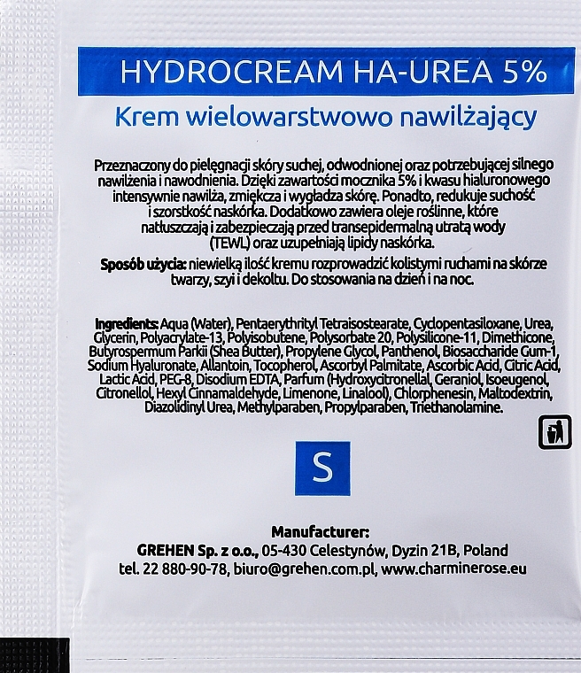 Nawilżający wielowarstwowy hydro krem do twarzy - Charmine Rose Hydrocream Ha-Urea 5% (próbka) — Zdjęcie N2