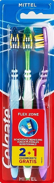 Zestaw średnio twardych szczoteczek do zębów, 3 sztuki, niebieski+zielony+fioletowy - Colgate Flex Zone — Zdjęcie N1