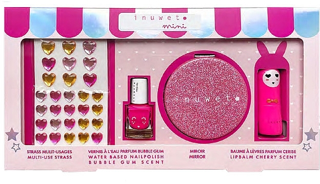 Zestaw - Inuwet Mini Coffret Glitter Girl Pink (lip/balm/3.5g + nail/polish/5ml + mirror/1pc + strass/1pc) — Zdjęcie N1