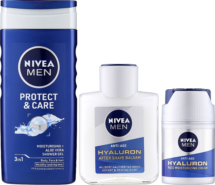 Zestaw - Nivea Men Hyaluronic Anti-Age Essentials Kit (sh/gel/250ml + ash/balm/100ml + cr/50ml + pouch) — Zdjęcie N3