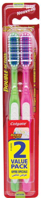 Szczoteczka do zębów, zielona + różowa - Colgate Double Action Medium Toothbrushes — Zdjęcie N1