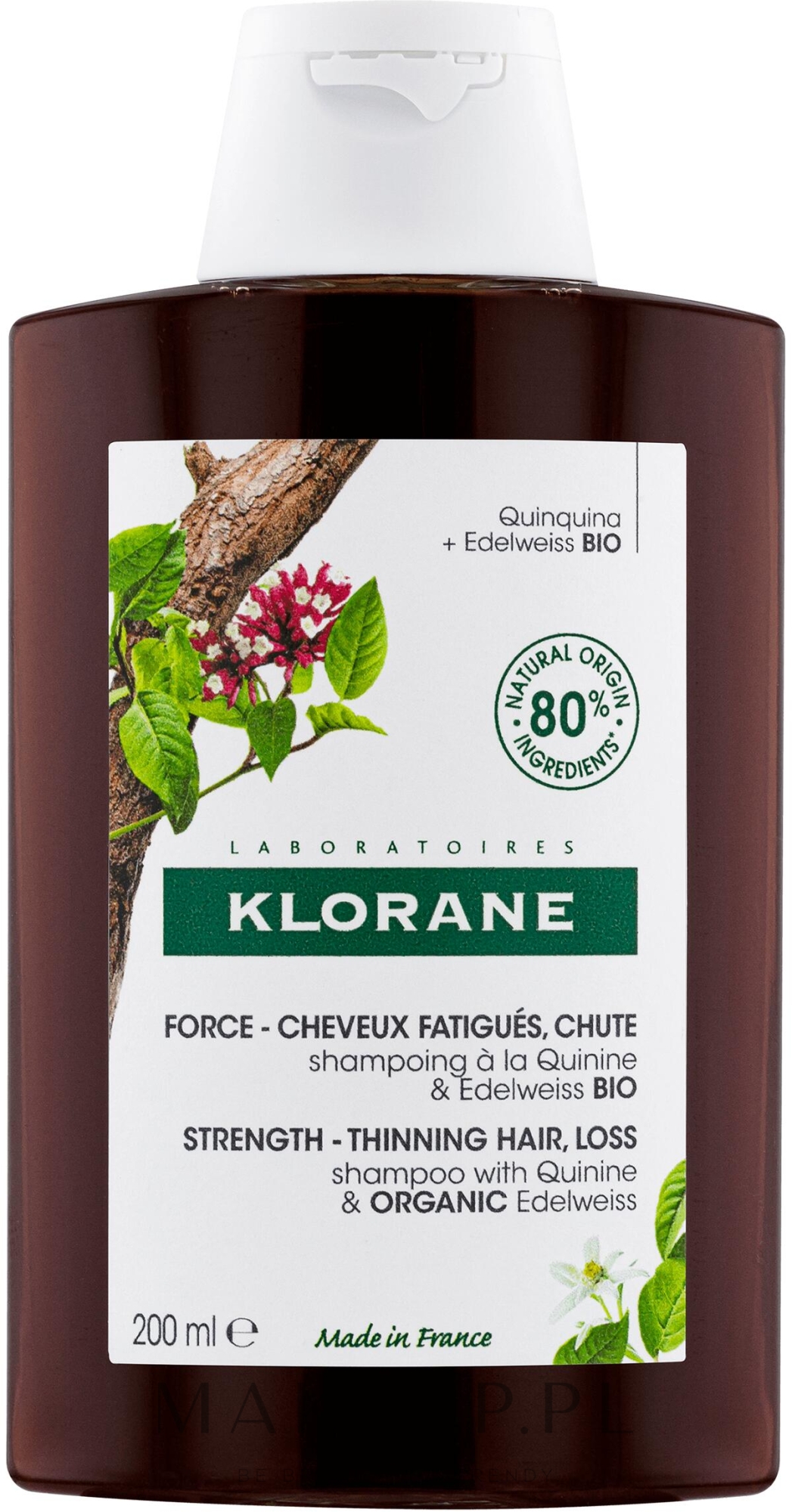 Wzmacniający szampon do włosów cienkich i skłonnych do wypadania - Klorane Force Tired Hair & Hair Loss Shampoo with Organic Quinine and Edelweiss  — Zdjęcie 200 ml