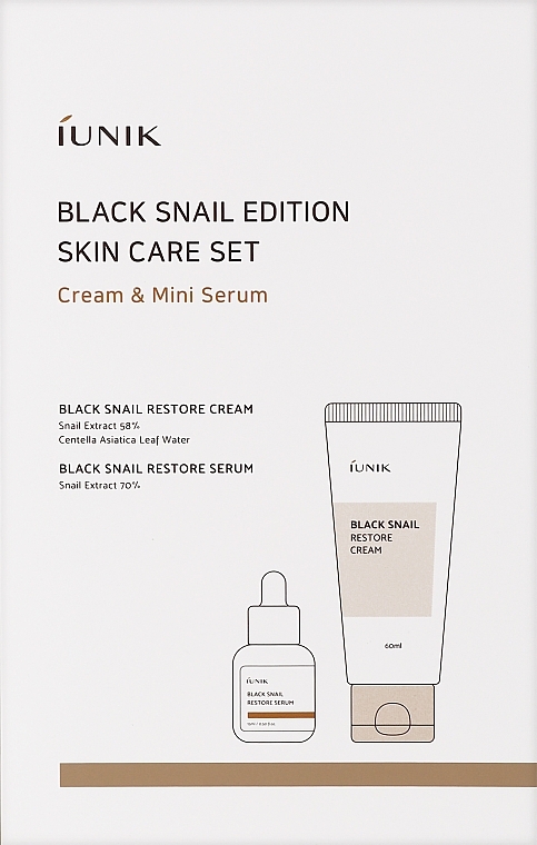 PRZECENA! Zestaw do twarzy z ekstraktem ze śluzu czarnego ślimaka - iUNIK Black Snail Restore Edition Set (cr/60ml + serum/15ml) * — Zdjęcie N1