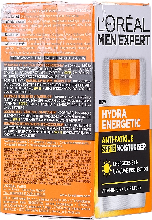 PRZECENA! Nawilżający krem ​​do twarzy przeciw zmęczeniu - L'Oreal Paris Men Expert Hydra Energetic Anti-Fatigue SPF15 Moisturiser * — Zdjęcie N2