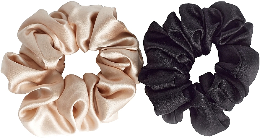 Zestaw gumek z naturalnego jedwabiu, rozmiar M, jasnobrązowy+czarny - de Lure Scrunchie Set — Zdjęcie N1