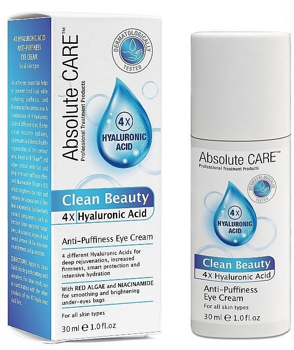 Krem pod oczy przeciw opuchliźnie - Absolute Care Clean Beauty 4X Hyaluronic Acid Anti-Puffiness Eye Cream — Zdjęcie N1