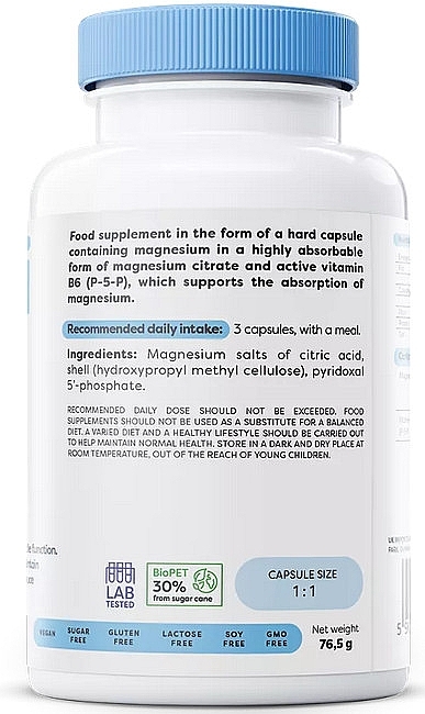 Suplement diety Cytrynian Magnezu + B6, 375mg, kapsułki - Osavi Magnesium Citrate + B6 375mg — Zdjęcie N3