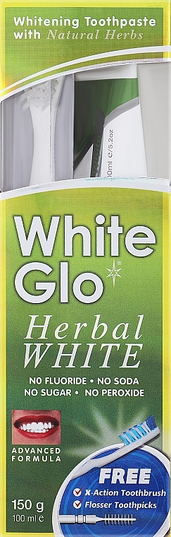 Zestaw z biało-różową szczoteczką do zębów - White Glo Herbal White Set (t/paste/100ml + t/brush/1pc + dental/flosser) — Zdjęcie N2