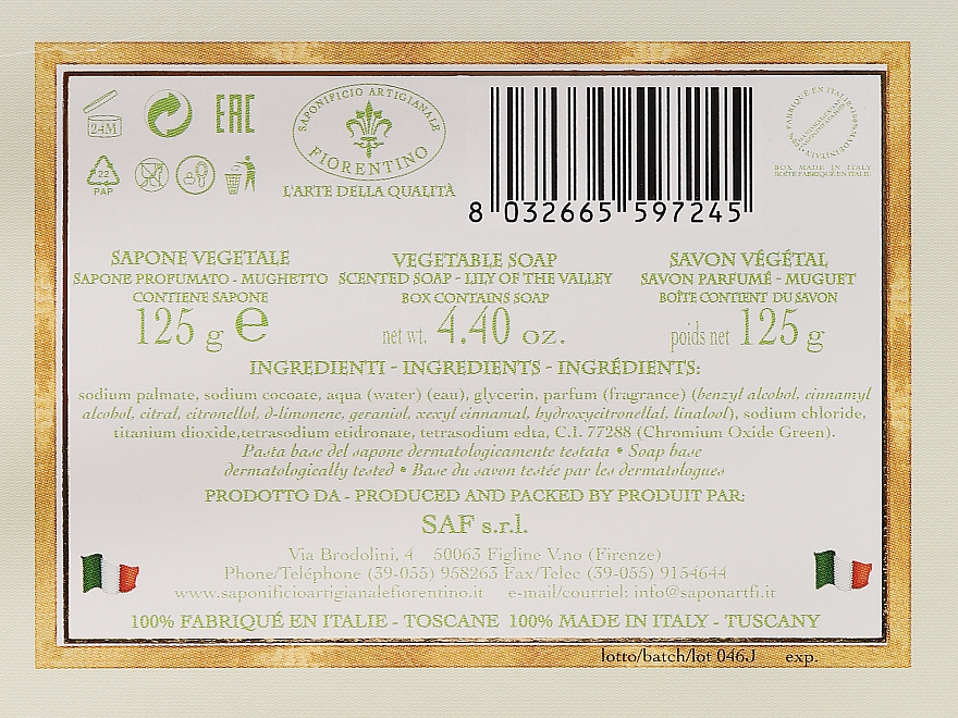Roślinne mydło w kostce Konwalia - Saponificio Artigianale Fiorentino Botticelli Lily Of The Valley Soap — Zdjęcie N3