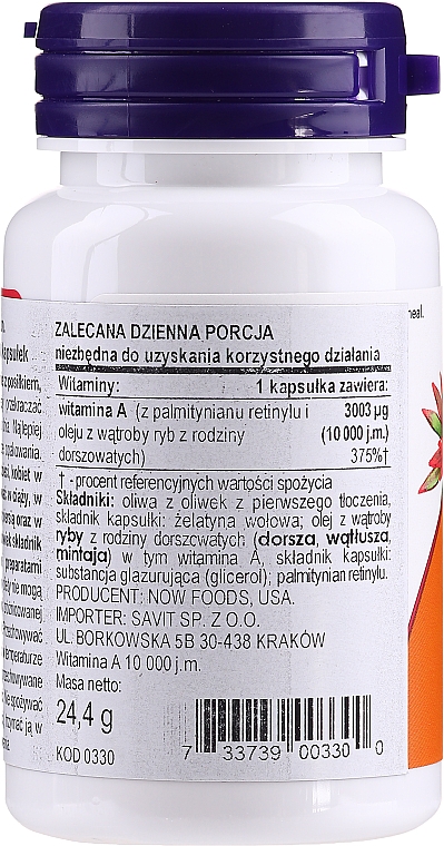 Suplement diety Witamina A - Now Foods Vitamin A 10,000 IU Essential Nutrition — Zdjęcie N2
