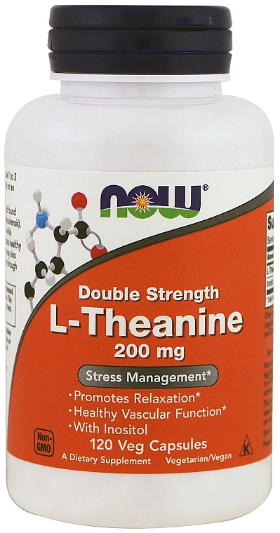 Suplement diety Teina, 200 mg - Now Foods L-Theanine Double Strength Veg Capsules — Zdjęcie N3
