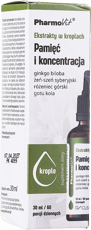 PRZECENA! Suplement diety w kroplach Pamięć i koncentracja - Pharmovit Clean label Memory and Concentration * — Zdjęcie N1