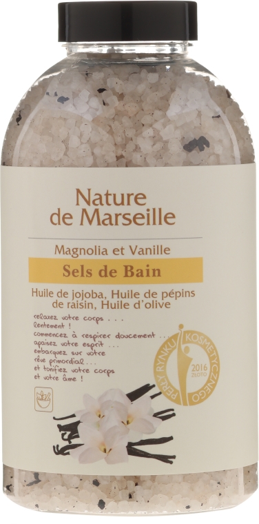 Sól do kąpieli z naturalnymi olejkami i suszonymi owocami o zapachu magnolii i wanilii Relaksująca kąpiel - Nature de Marseille — Zdjęcie N1