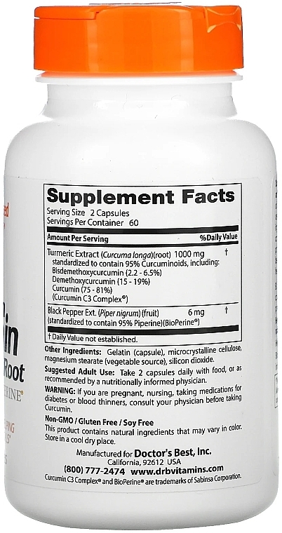 PRZECENA! Kurkumina z witaminą C i bioperyną w kapsułkach 500 mg - Doctor's Best * — Zdjęcie N2