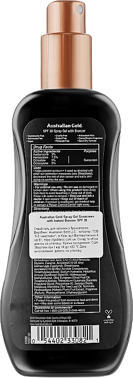 Żel w sprayu do opalania z naturalnym bronzerem - Australian Gold Spray Gel Sunscreen with Instant Bronzer SPF 30 — Zdjęcie N2