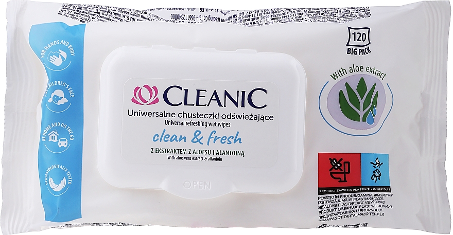 Uniwersalne chusteczki odświeżające z ekstraktem z aloesu i alantoiną - Cleanic Clean&Fresh — Zdjęcie N1